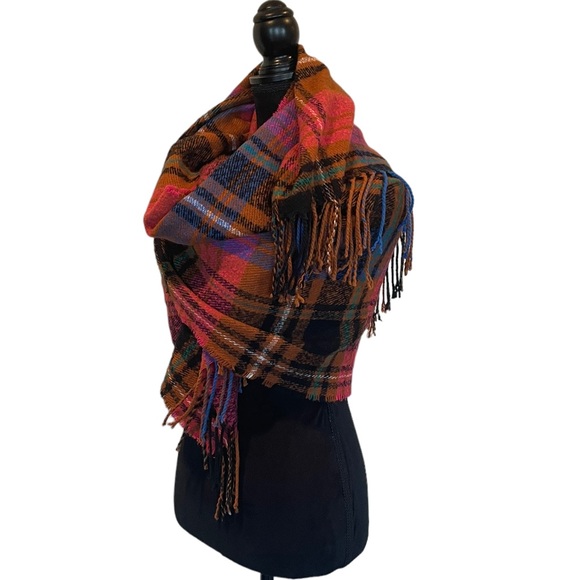 Pieces cozy on trend plaid oversized blanket scarf wrap fringe trim cold weather - Picture 3 of 10